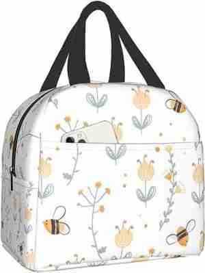 Sunyuer Cute Bee and Flowers Insulated Lunch Bag for Women, Cooler Tote Reusable Lunch Box Container for Work Office Travel Picnic (Cute Bee)