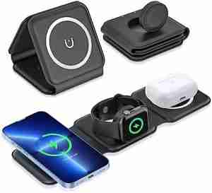Wireless Charger 3 in 1,Magnetic Travel Wireless Charging Station Multiple Devices,3 in 1 Charging Station,Foldable Wireless Charger Stand Compatible with iPhone 14 13 12 11/Pro/XS/XR,AirPods,iWatch