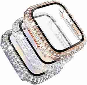Fullife 3-Pack Compatible with Bling Apple Watch Series 9 41mm Cases Crystal Diamond Protective Bumper Covers with Screen Protector for iWatch Series 9 8 7 Men Women, (41mm, Rosegold/Rainbow/Clear)