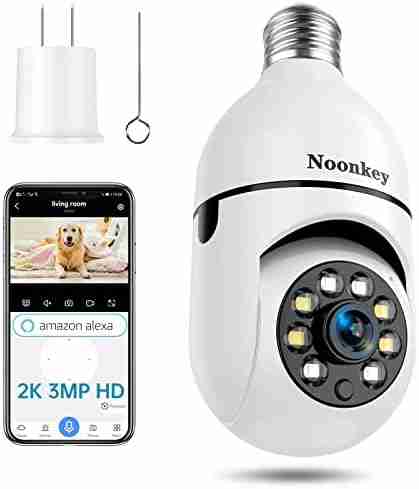 Noonkey 2K/3MP Light Bulb Security Camera, 360° Degree Panoramic,Alexa E27 Light Socket Camera for Outdoor, Wireless WiFi Home IP Camera with Motion Tracking Alarm, Color Night Vision,Two-Way Talk