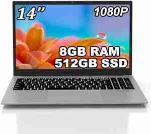14 inch Laptop, Windows 11, Intel Celeron J4115 (up to 2.5GHz), 512GB SSD, 8GB RAM, 720p Webcam, 2.4/5G WiFi, Bluetooth 4.2, 1080p FHD Screen