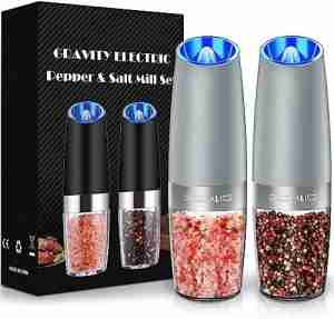 Gravity Electric Pepper and Salt Grinder Set, Adjustable Coarseness, Battery Powered with LED Light, One Hand Automatic Operation, Light Grey, 2 Pack